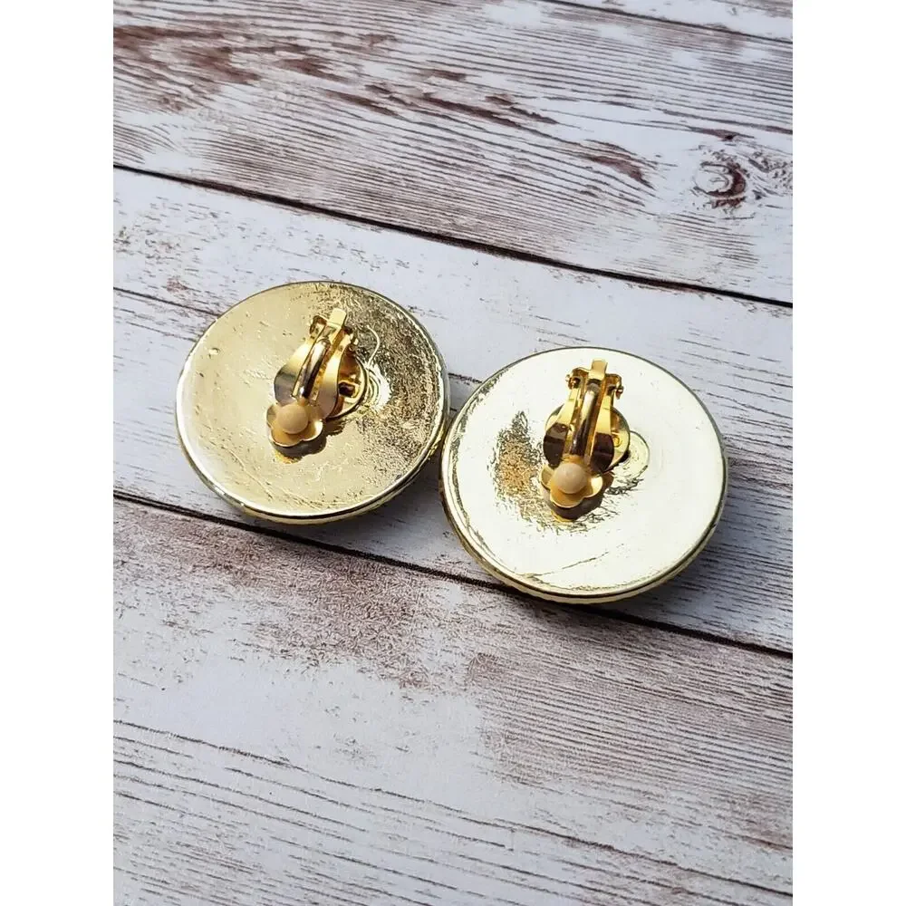 Vintage Clip On Earrings Gold Tone Halo with Blue Speckled Center Large 1 & 5/8